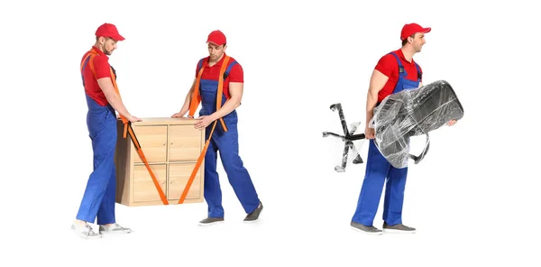 Loaders carrying furniture against white background