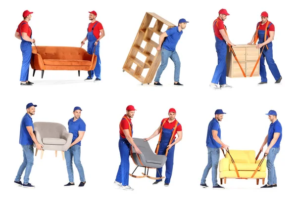 Set Loaders Carrying Furniture White Background — Stock Photo, Image