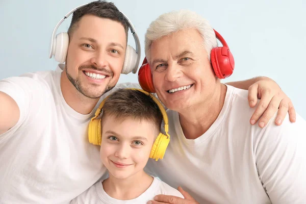 Man His Father Son Taking Selfie Color Background — Stock Photo, Image