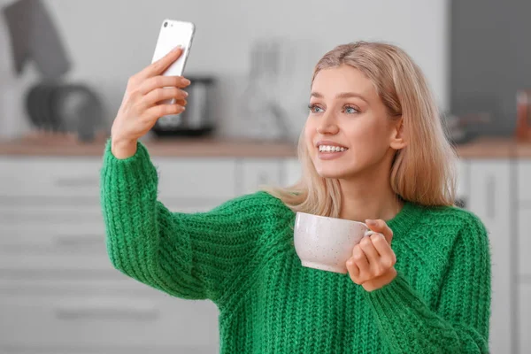 Beautiful Young Woman Taking Selfie While Drinking Tea Home — Stock Photo, Image