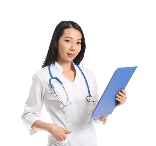 Ženský Asijský Lékař Bílém Pozadí — Stock fotografie
