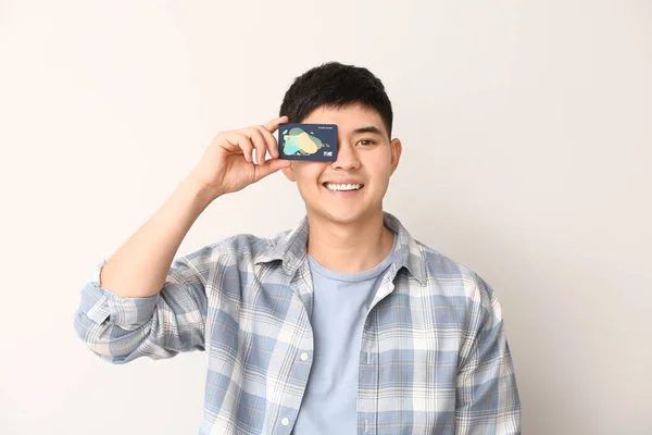 Asian Man Credit Card White Background — Stock Photo, Image