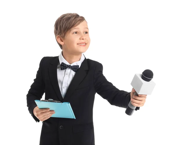 Beyaz Arka Planda Mikrofonu Olan Küçük Gazeteci — Stok fotoğraf