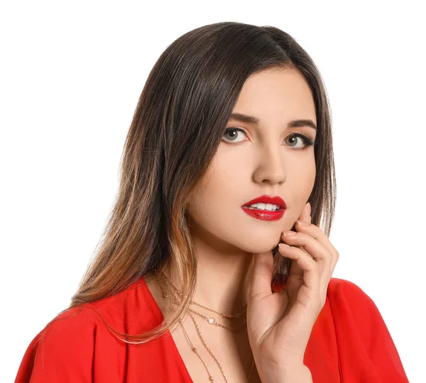 Belle Jeune Femme Avec Rouge Lèvres Lumineux Sur Fond Blanc — Photo