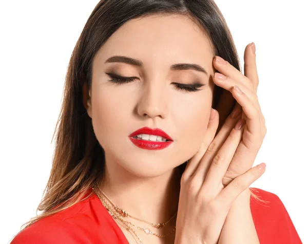 Mooie Jonge Vrouw Met Heldere Lippenstift Witte Achtergrond — Stockfoto