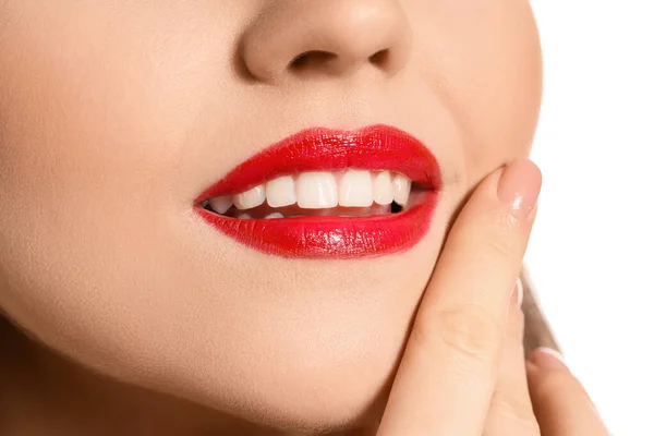 Beautiful Young Woman Bright Lipstick White Background Closeup — Stock Photo, Image