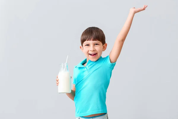 Little Boy Milk Light Background — Stock Photo, Image