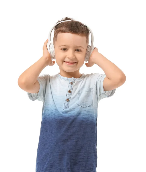 Netter Kleiner Junge Hört Musik Auf Weißem Hintergrund — Stockfoto