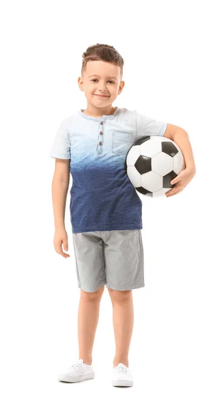 Lindo Niño Con Pelota Fútbol Sobre Fondo Blanco — Foto de Stock