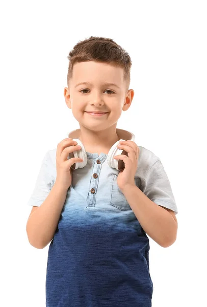 Menino Bonito Com Fones Ouvido Fundo Branco — Fotografia de Stock