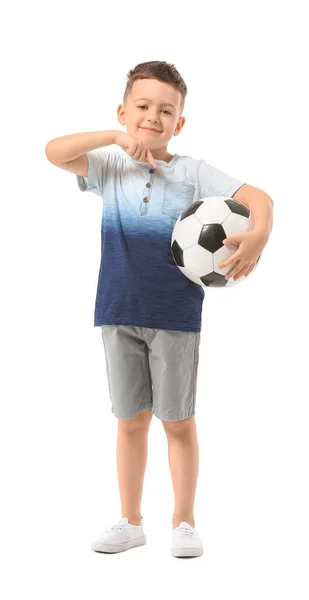 Söt Liten Pojke Med Fotboll Vit Bakgrund — Stockfoto