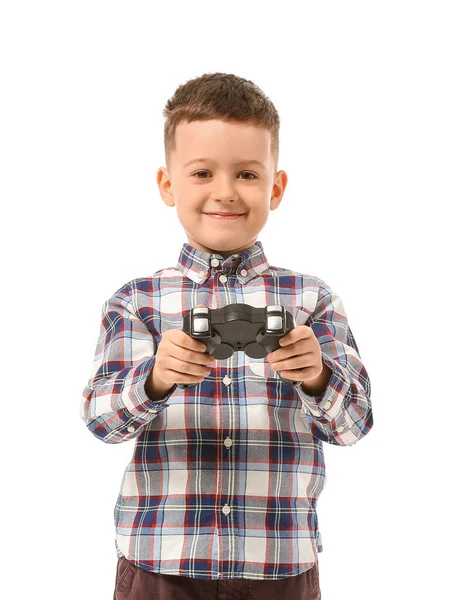 Glücklicher Kleiner Junge Spielt Videospiele Auf Weißem Hintergrund — Stockfoto