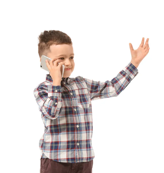 Bonito Menino Falando Por Telefone Celular Fundo Branco — Fotografia de Stock