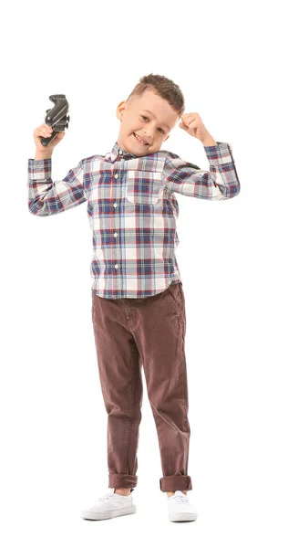 Menino Feliz Jogando Jogos Vídeo Fundo Branco — Fotografia de Stock