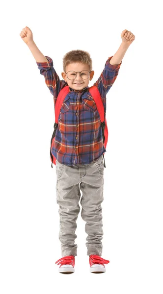 Niño Feliz Con Mochila Sobre Fondo Blanco —  Fotos de Stock