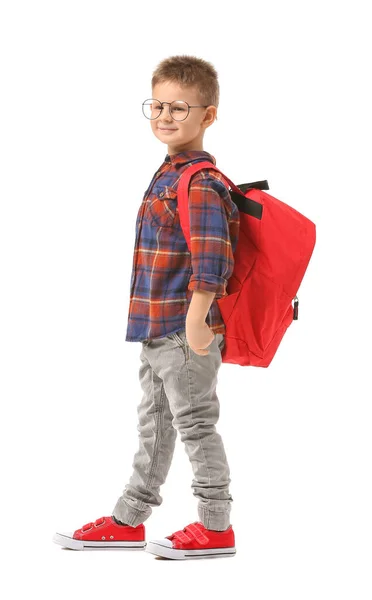 Menino Bonito Com Mochila Fundo Branco — Fotografia de Stock