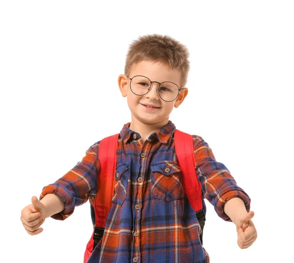 Menino Bonito Com Mochila Mostrando Gesto Polegar Para Cima Fundo — Fotografia de Stock