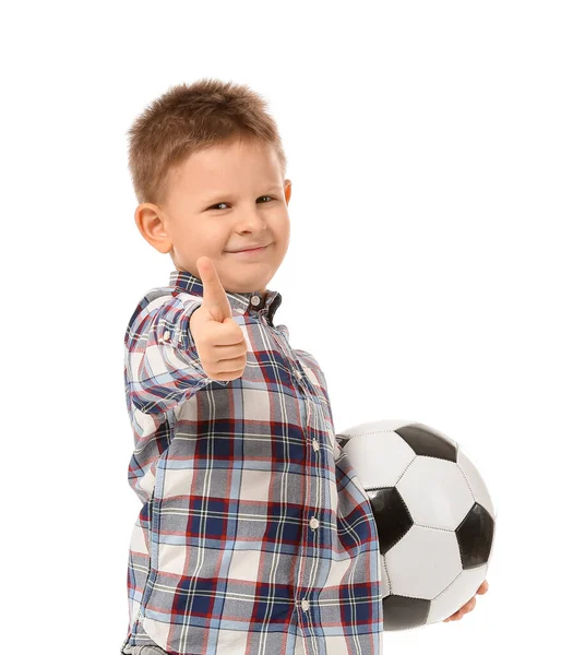 Schattig Jongetje Met Voetbal Tonen Duim Gebaar Witte Achtergrond — Stockfoto