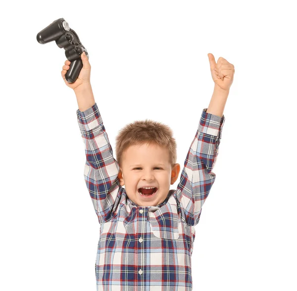 Menino Feliz Jogando Jogos Vídeo Fundo Branco — Fotografia de Stock