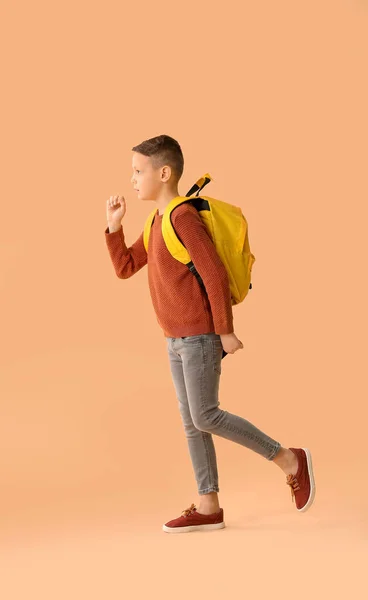 Walking Little Schoolboy Color Background — Stock Photo, Image
