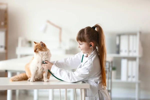 Little Veterinarian Examining Cute Cat Clinic — Stock Photo, Image