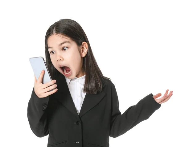 Angry Little Businesswoman Talking Mobile Phone White Background — Stock Photo, Image