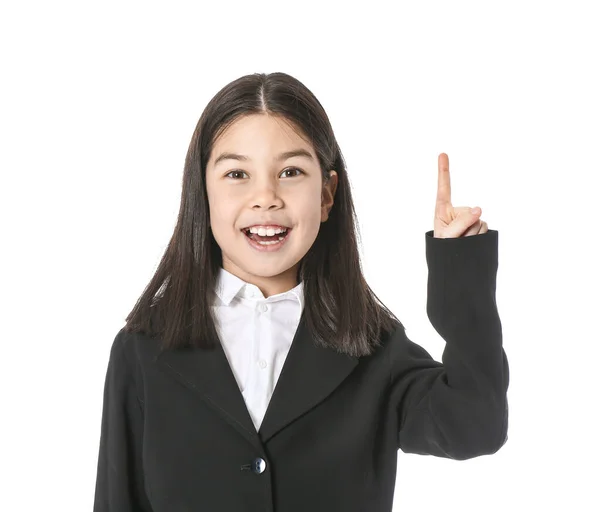 Cute Little Businesswoman Raised Index Finger White Background — Stock Photo, Image