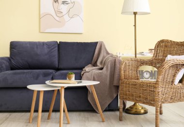 Hasır koltuk ve kanepesi olan modern bir oda.