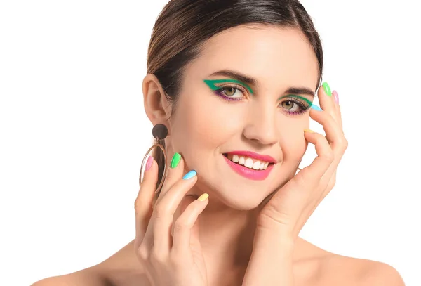 Mujer Joven Con Hermosa Manicura Sobre Fondo Blanco — Foto de Stock