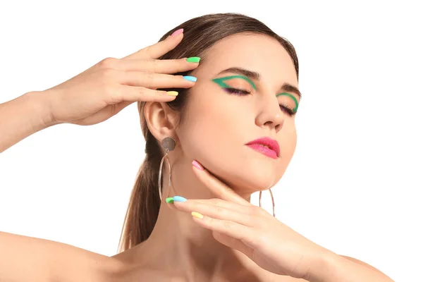 Mujer Joven Con Hermosa Manicura Sobre Fondo Blanco — Foto de Stock