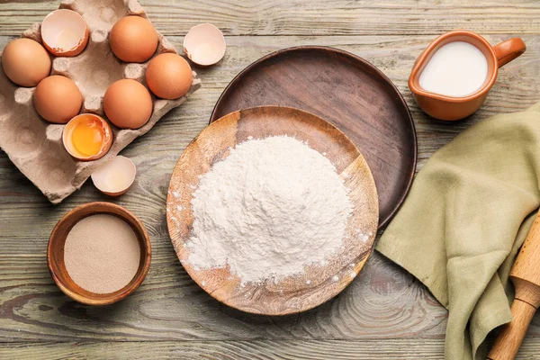 Ingredients Dough Wooden Background — Stock Photo, Image
