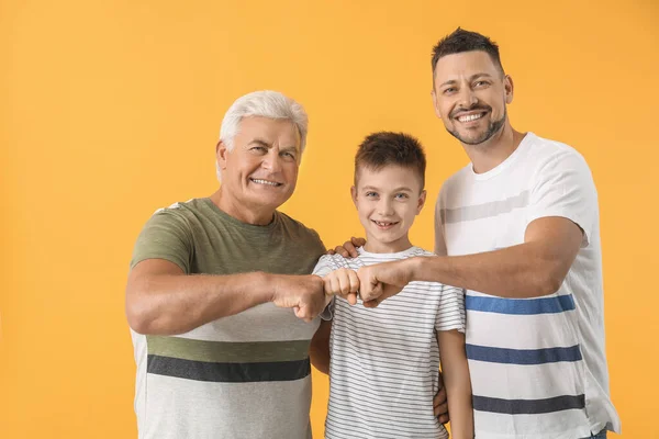 Man His Father Son Bumping Fists Color Background — Stock Photo, Image