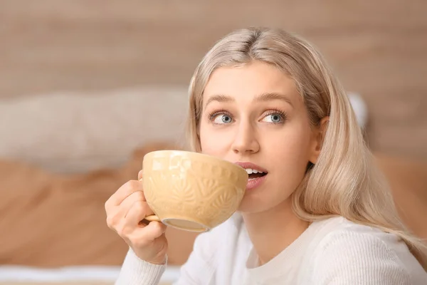 Beautiful Young Woman Drinking Tea Home — Stock Photo, Image