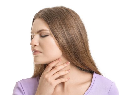 Young woman with thyroid gland problem on white background clipart