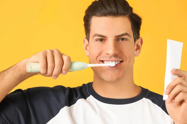 Young Man Tooth Brush Paste Color Background — Stock Photo, Image