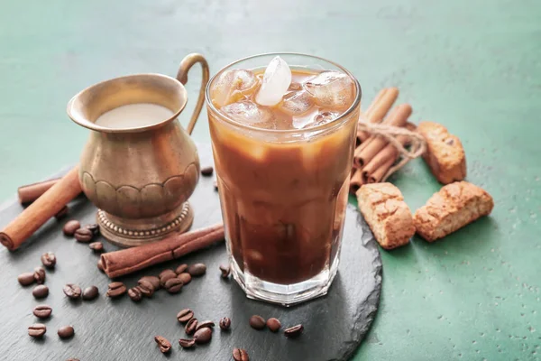 Glass Tasty Iced Coffee Cookies Milk Color Background — Stock Photo, Image