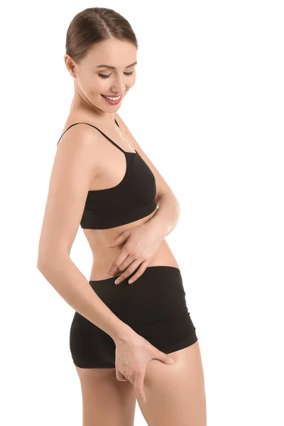Mooie Jonge Vrouw Ondergoed Witte Achtergrond Concept Cellulitis — Stockfoto