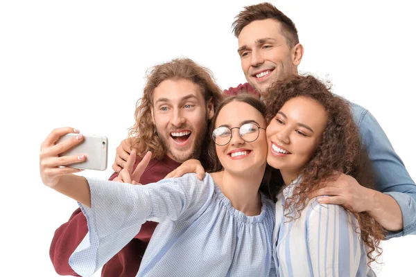 Amici Che Scattano Selfie Sfondo Bianco — Foto Stock