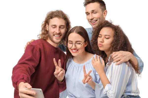 Amici Che Scattano Selfie Sfondo Bianco — Foto Stock