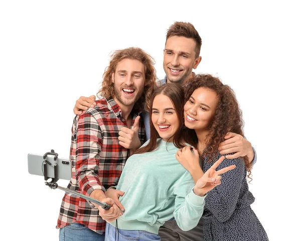 Amici Che Scattano Selfie Sfondo Bianco — Foto Stock