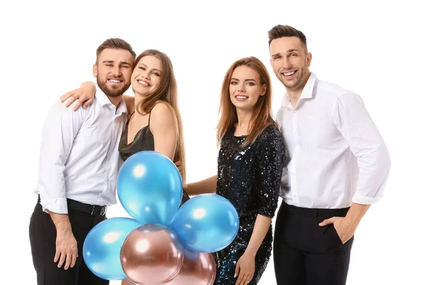 Jovens Felizes Com Balões Sobre Fundo Branco — Fotografia de Stock
