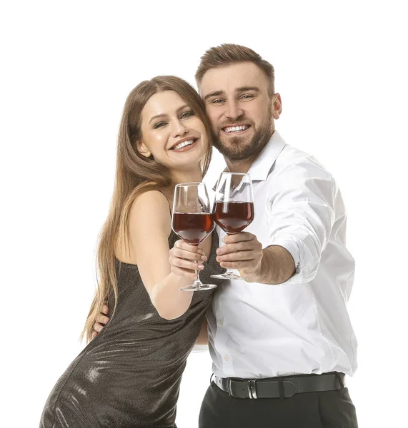 Pareja Feliz Con Copas Vino Sobre Fondo Blanco — Foto de Stock