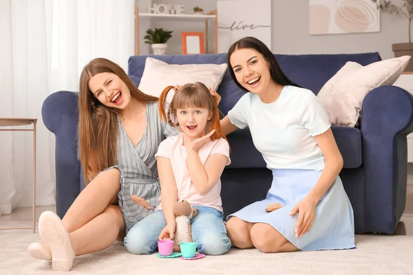 Happy Lesbian Couple Little Adopted Girl Playing Home — Stock Photo, Image