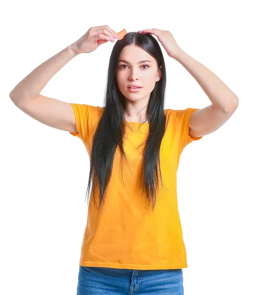 Beautiful Young Woman Brushing Hair White Background — Stock Photo, Image
