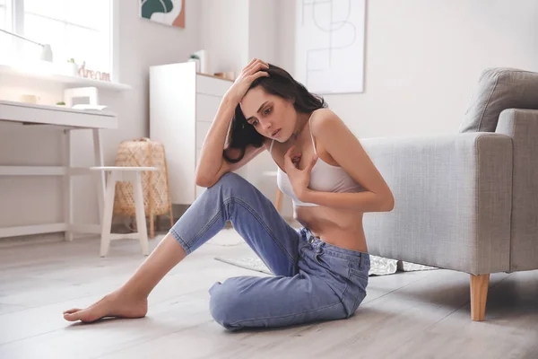 Young Woman Suffering Anorexia Home — Stock Photo, Image