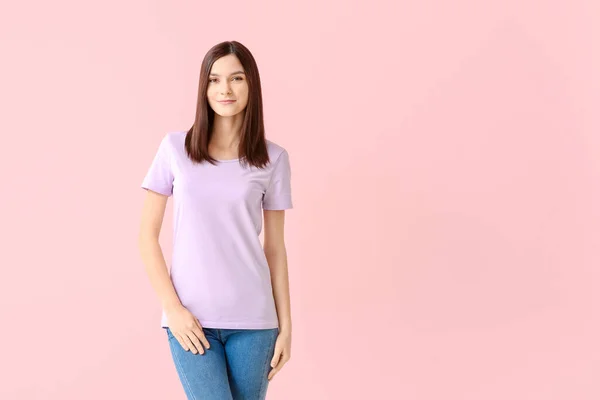 Woman Stylish Shirt Color Background — Stock Photo, Image