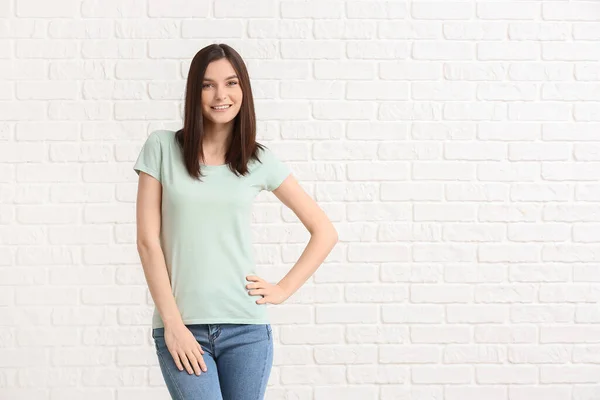 Woman Stylish Shirt White Brick Background — Stock Photo, Image