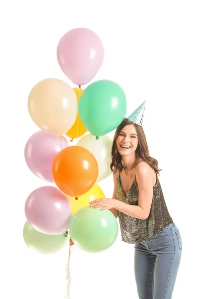Schöne Junge Frau Feiert Geburtstag Auf Weißem Hintergrund — Stockfoto