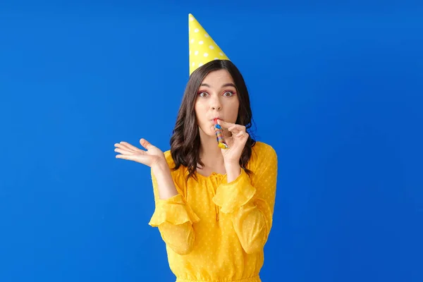 Beautiful Young Woman Celebrating Birthday Color Background — Stock Photo, Image