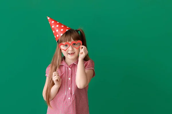 Little Girl Celebrating Birthday Color Background — Stock Photo, Image